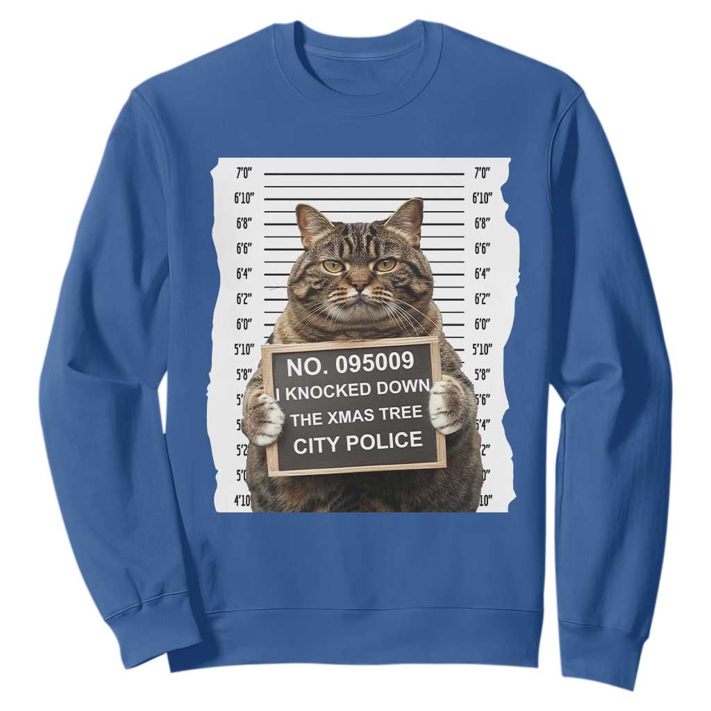 Funny Cat Christmas Sweatshirt Mugshot I Knocked Down The Xmas Tree TS10 Royal Blue Print Your Wear