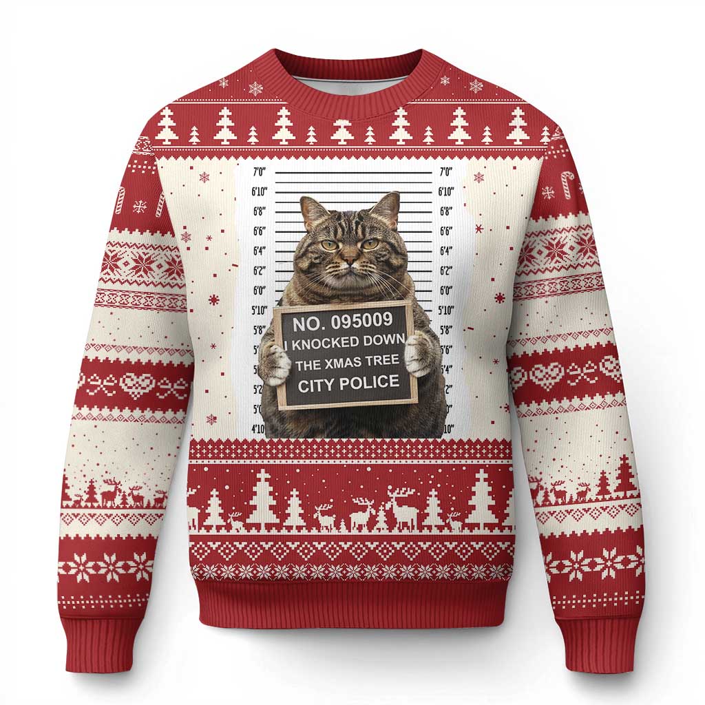 Funny Cat Ugly Christmas Sweater Mugshot I Knocked Down The Xmas Tree TS10 Red Print Your Wear
