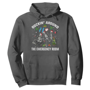 Christmas ER Nurse Hoodie Rockin Around Skeleton Emergency Room RN TS10 Dark Heather Print Your Wear