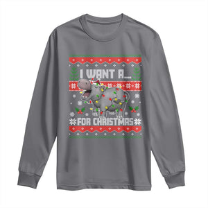 Funny Christmas Long Sleeve Shirt I Want A Hippopotamus For Xmas Moo Deng Ugly Gift TS10 Charcoal Print Your Wear