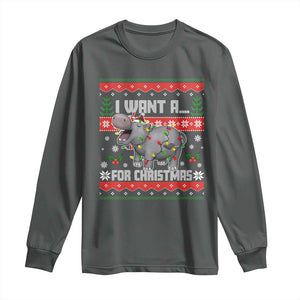 Funny Christmas Long Sleeve Shirt I Want A Hippopotamus For Xmas Moo Deng Ugly Gift TS10 Dark Heather Print Your Wear