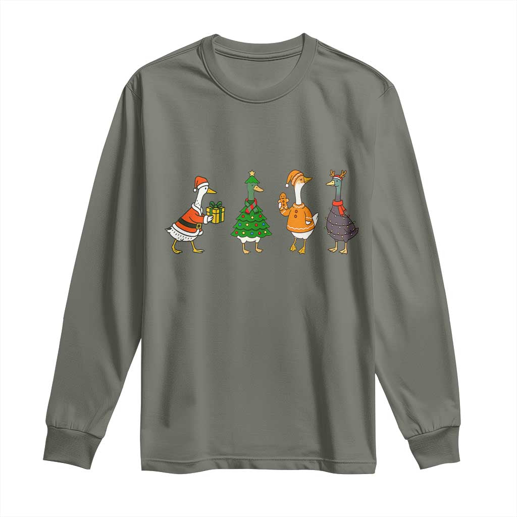 Christmas Ducks Long Sleeve Shirt Funny Animals Farm Lover Gift Xmas Light TS10 Military Green Print Your Wear