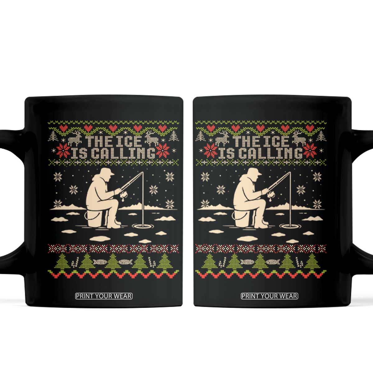 Funny Christmas Ice Fishing Coffee Mug Merry Fishmas Fish Fishing Ugly Xmas TS10 Black Print Your Wear