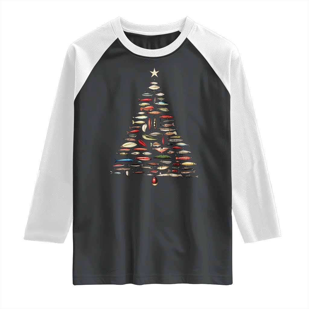 Fishing Lure Christmas Tree Raglan Shirt Retro Fisherman Xmas Fish Fly TS10 Black White Print Your Wear