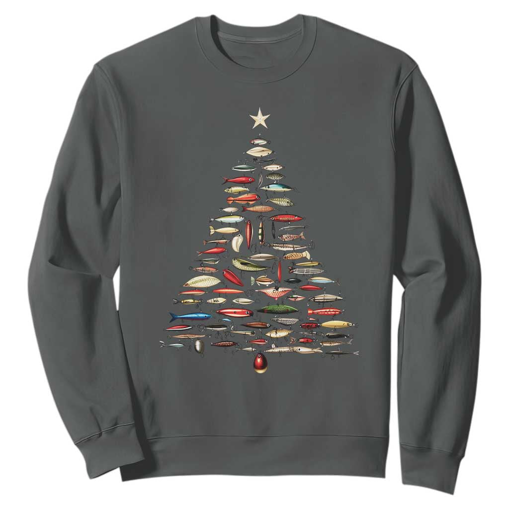 Fishing Lure Christmas Tree Sweatshirt Retro Fisherman Xmas Fish Fly TS10 Dark Heather Print Your Wear