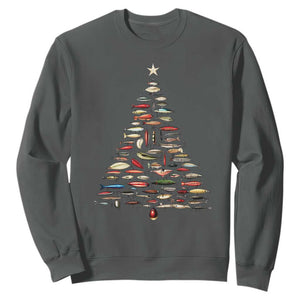 Fishing Lure Christmas Tree Sweatshirt Retro Fisherman Xmas Fish Fly TS10 Dark Heather Print Your Wear