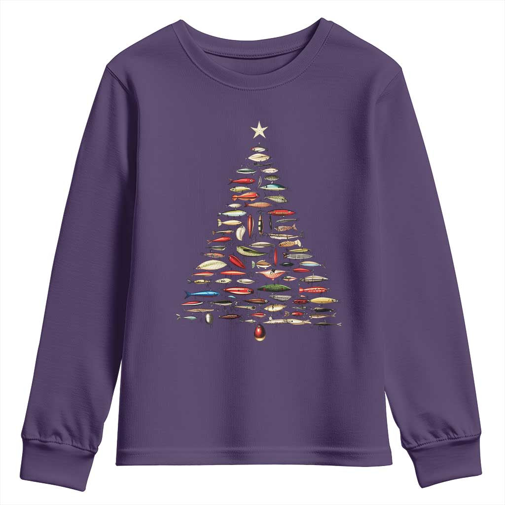 Fishing Lure Christmas Tree Youth Sweatshirt Retro Fisherman Xmas Fish Fly TS10 Purple Print Your Wear