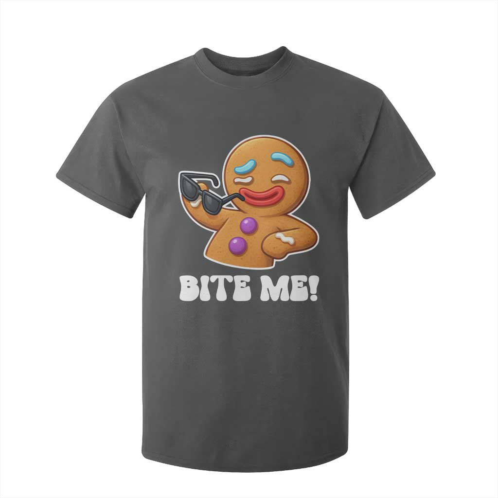 Funny Xmas Gingerbread Man T Shirt For Kid Funny Sexy Cookie Bite Me TS10 Dark Heather Print Your Wear