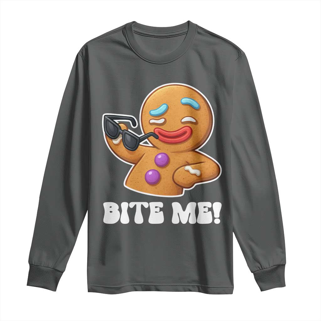 Funny Xmas Gingerbread Man Long Sleeve Shirt Funny Sexy Cookie Bite Me TS10 Dark Heather Print Your Wear