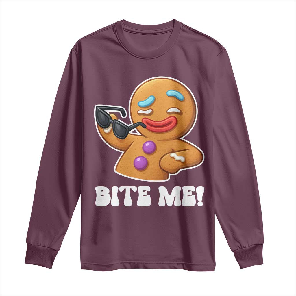 Funny Xmas Gingerbread Man Long Sleeve Shirt Funny Sexy Cookie Bite Me TS10 Maroon Print Your Wear