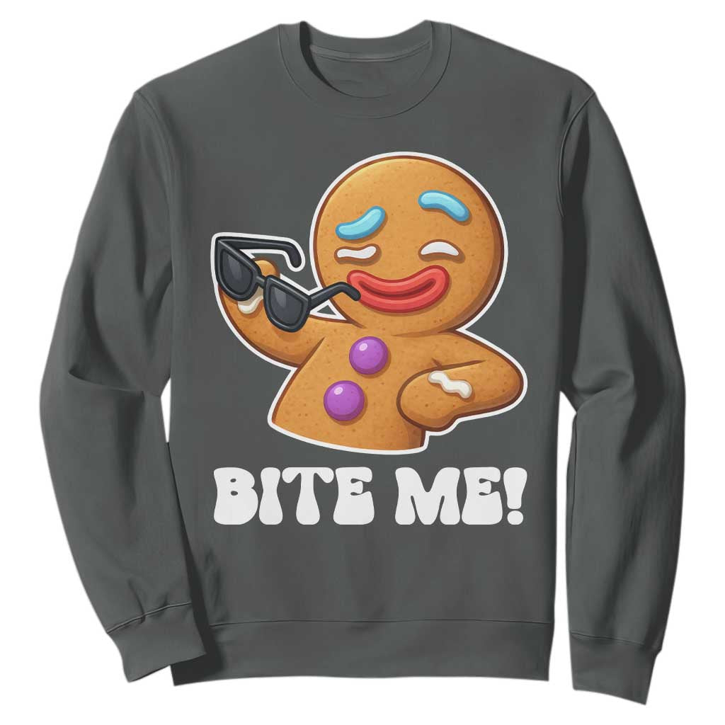 Funny Xmas Gingerbread Man Sweatshirt Funny Sexy Cookie Bite Me TS10 Dark Heather Print Your Wear