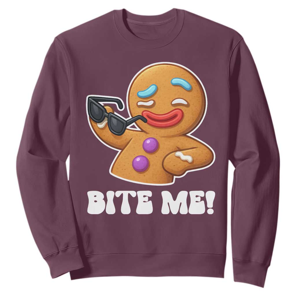 Funny Xmas Gingerbread Man Sweatshirt Funny Sexy Cookie Bite Me TS10 Maroon Print Your Wear