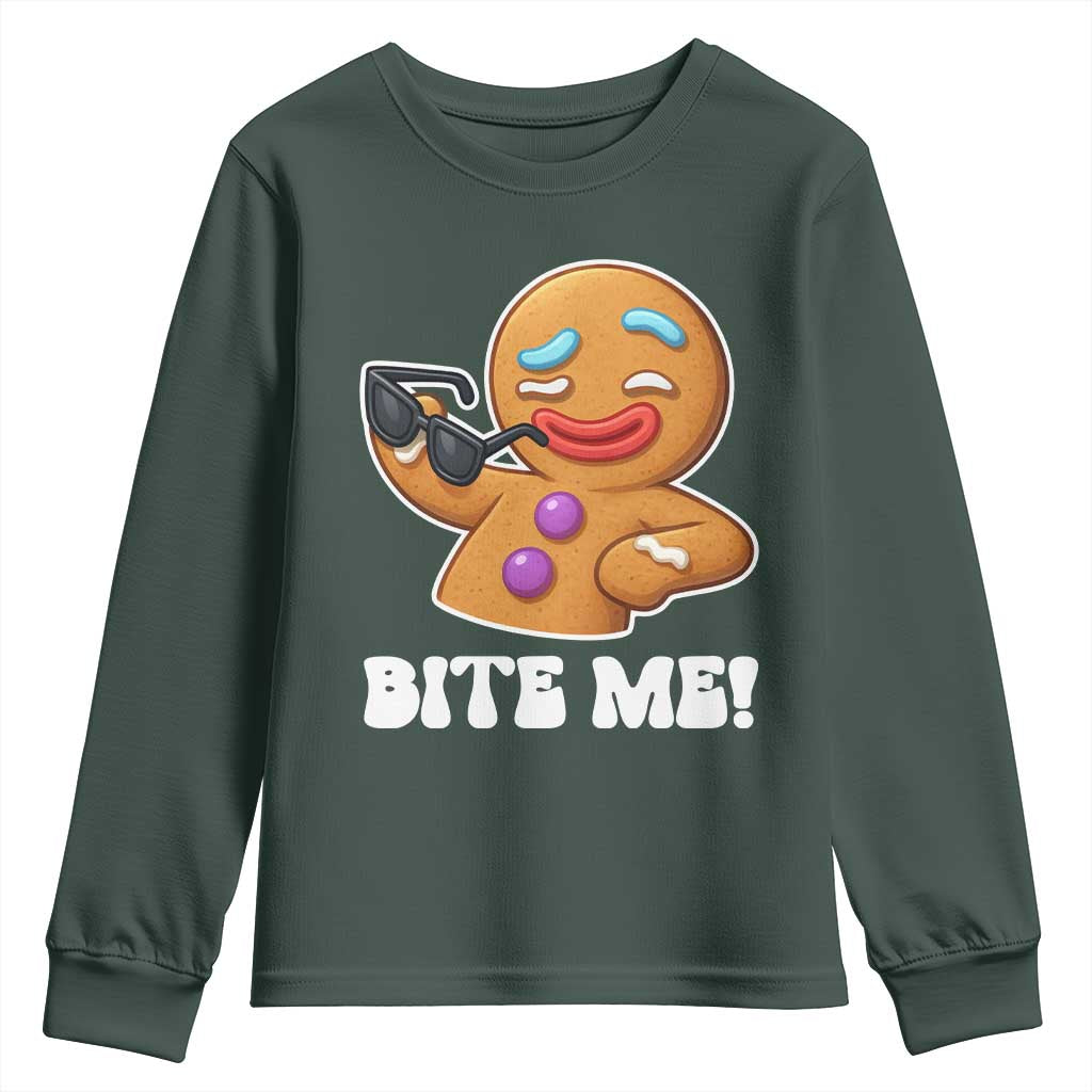 Funny Xmas Gingerbread Man Youth Sweatshirt Funny Sexy Cookie Bite Me TS10 Dark Forest Green Print Your Wear