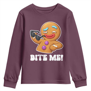 Funny Xmas Gingerbread Man Youth Sweatshirt Funny Sexy Cookie Bite Me TS10 Maroon Print Your Wear
