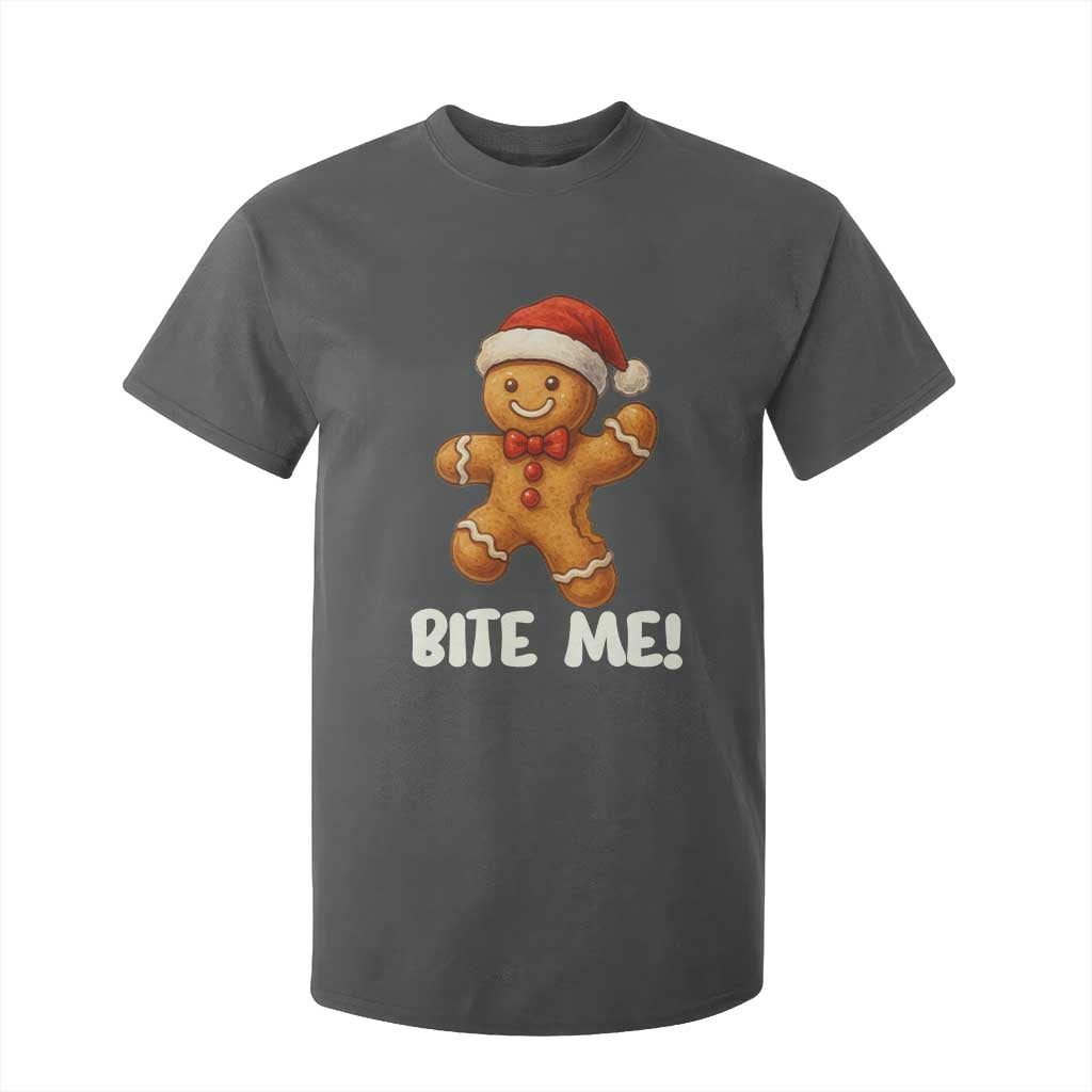 Funny Xmas Gingerbread Man T Shirt For Kid Cookie Bite Me TS10 Dark Heather Print Your Wear