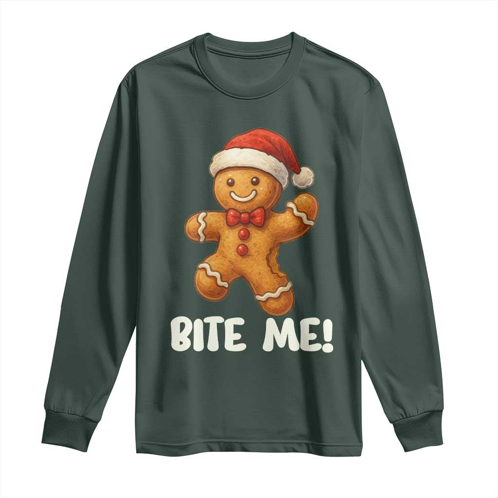 Funny Xmas Gingerbread Man Long Sleeve Shirt Cookie Bite Me TS10 Dark Forest Green Print Your Wear