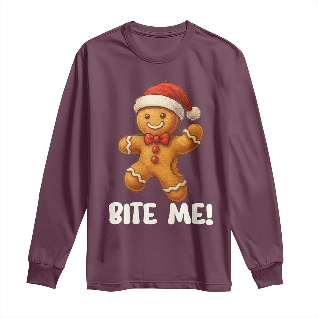 Funny Xmas Gingerbread Man Long Sleeve Shirt Cookie Bite Me TS10 Maroon Print Your Wear