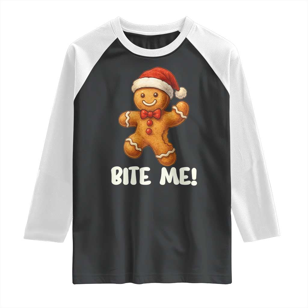 Funny Xmas Gingerbread Man Raglan Shirt Cookie Bite Me TS10 Black White Print Your Wear