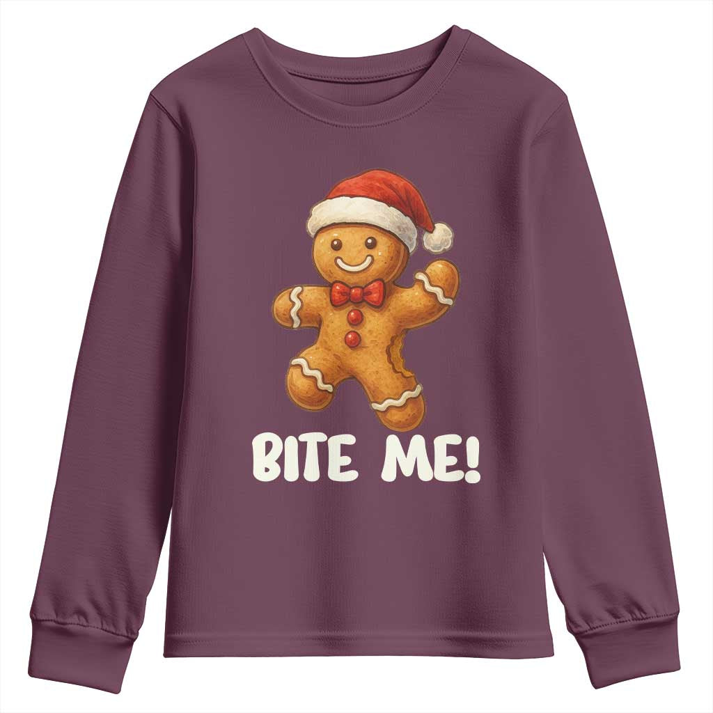 Funny Xmas Gingerbread Man Youth Sweatshirt Cookie Bite Me TS10 Maroon Print Your Wear