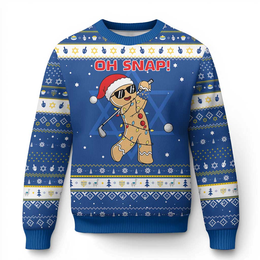 Oh Snap Gingerbreadman Golfer Hanukkah Ugly Sweater Funny Golf Christmas Golfing Pajamas TS10 Blue White Print Your Wear