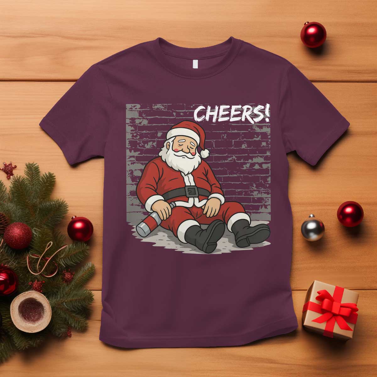 Funny Christmas Santa Claus Drinking Beer T Shirt Wonderful Time TS10 Maroon Print Your Wear