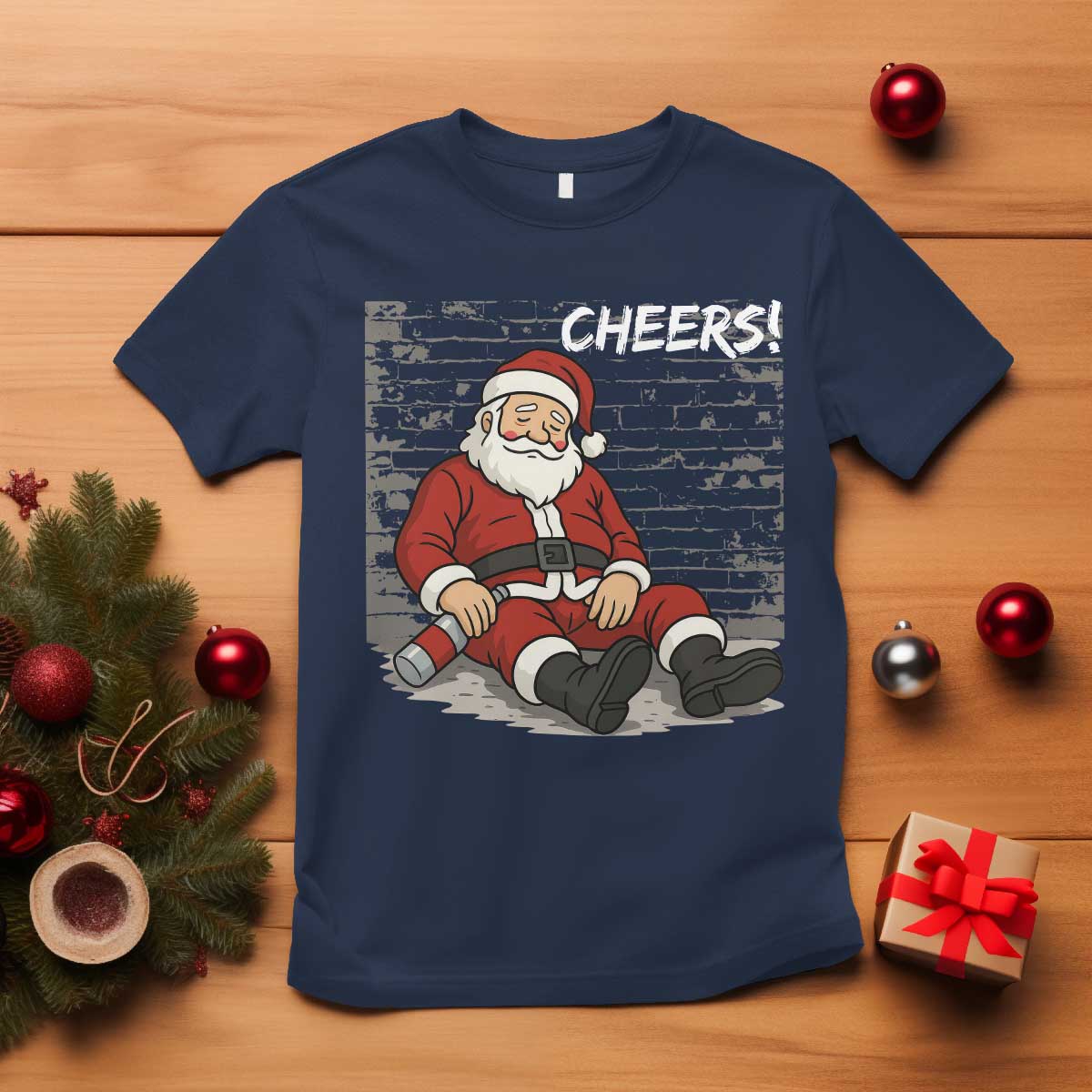 Funny Christmas Santa Claus Drinking Beer T Shirt Wonderful Time TS10 Navy Print Your Wear