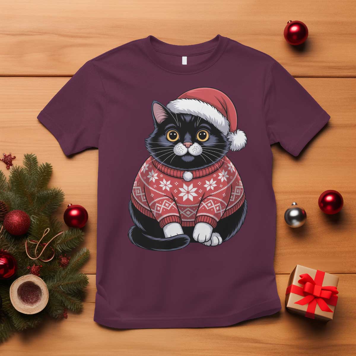 Christmas Black Cat T Shirt Catmas Gift For New Year TS10 Maroon Print Your Wear