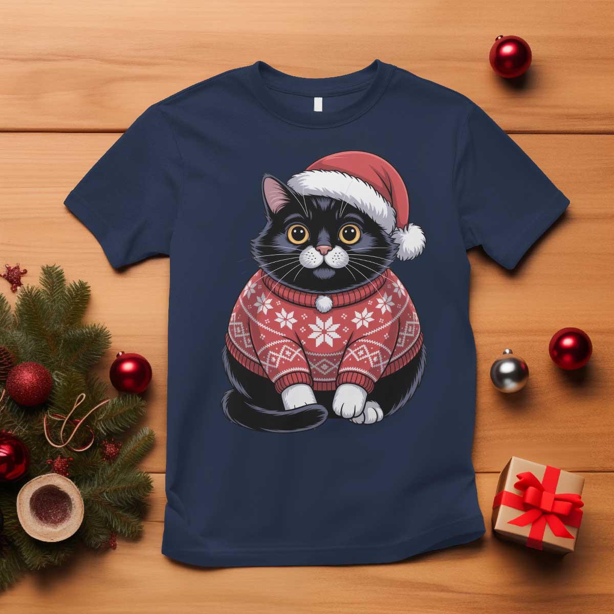 Christmas Black Cat T Shirt Catmas Gift For New Year TS10 Navy Print Your Wear