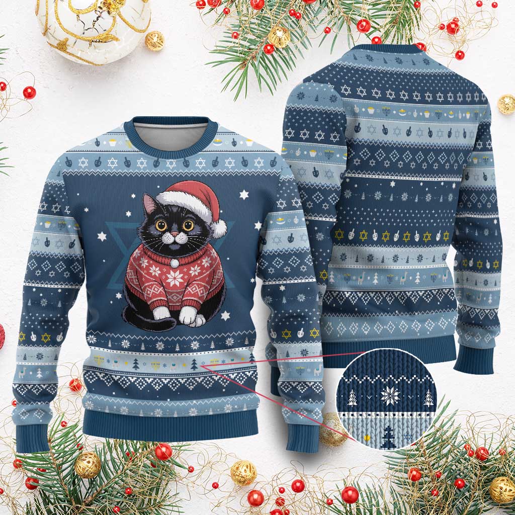 Christmas Black Cat Hanukkah Ugly Sweater Catmas Gift For New Year TS10 Navy Light Blue Print Your Wear