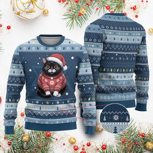 Christmas Black Cat Hanukkah Ugly Sweater Catmas Gift For New Year TS10 Navy Light Blue Print Your Wear