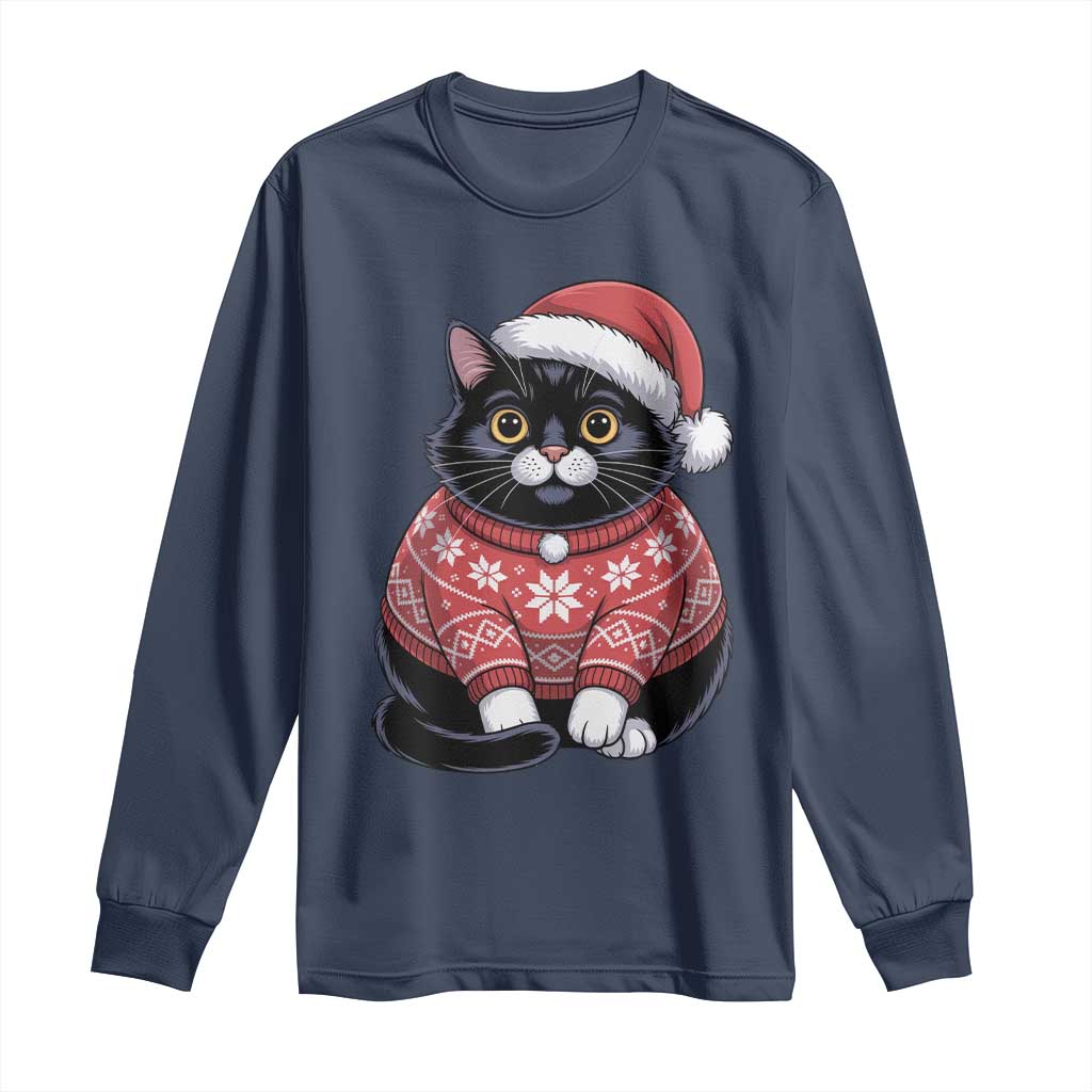 Christmas Black Cat Long Sleeve Shirt Catmas Gift For New Year TS10 Navy Print Your Wear