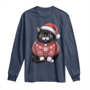 Christmas Black Cat Long Sleeve Shirt Catmas Gift For New Year TS10 Navy Print Your Wear