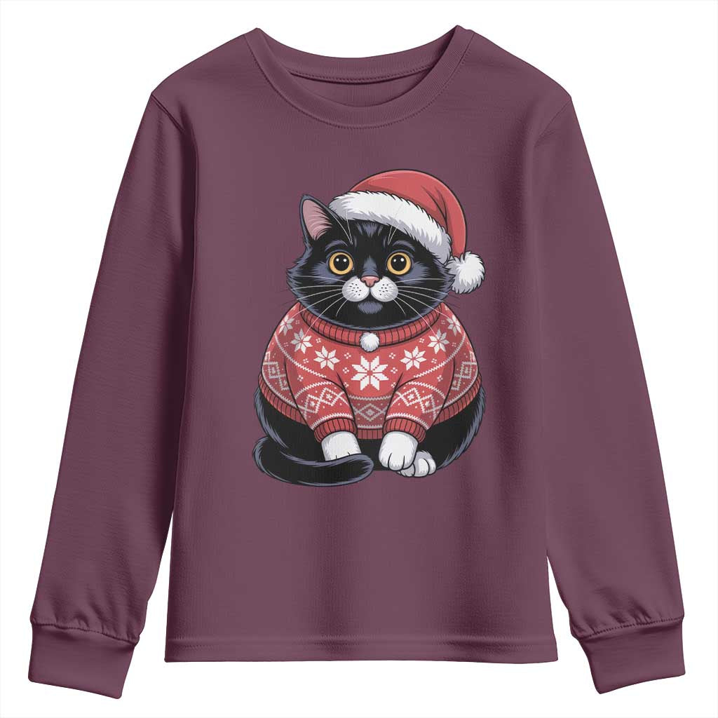 Christmas Black Cat Youth Sweatshirt Catmas Gift For New Year TS10 Maroon Print Your Wear