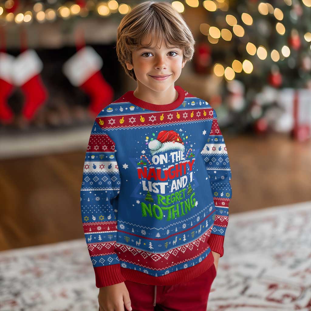 Funny Christmas Hanukkah Ugly Sweater On The Naughty List I Regret Nothing TS10 Blue Red Print Your Wear