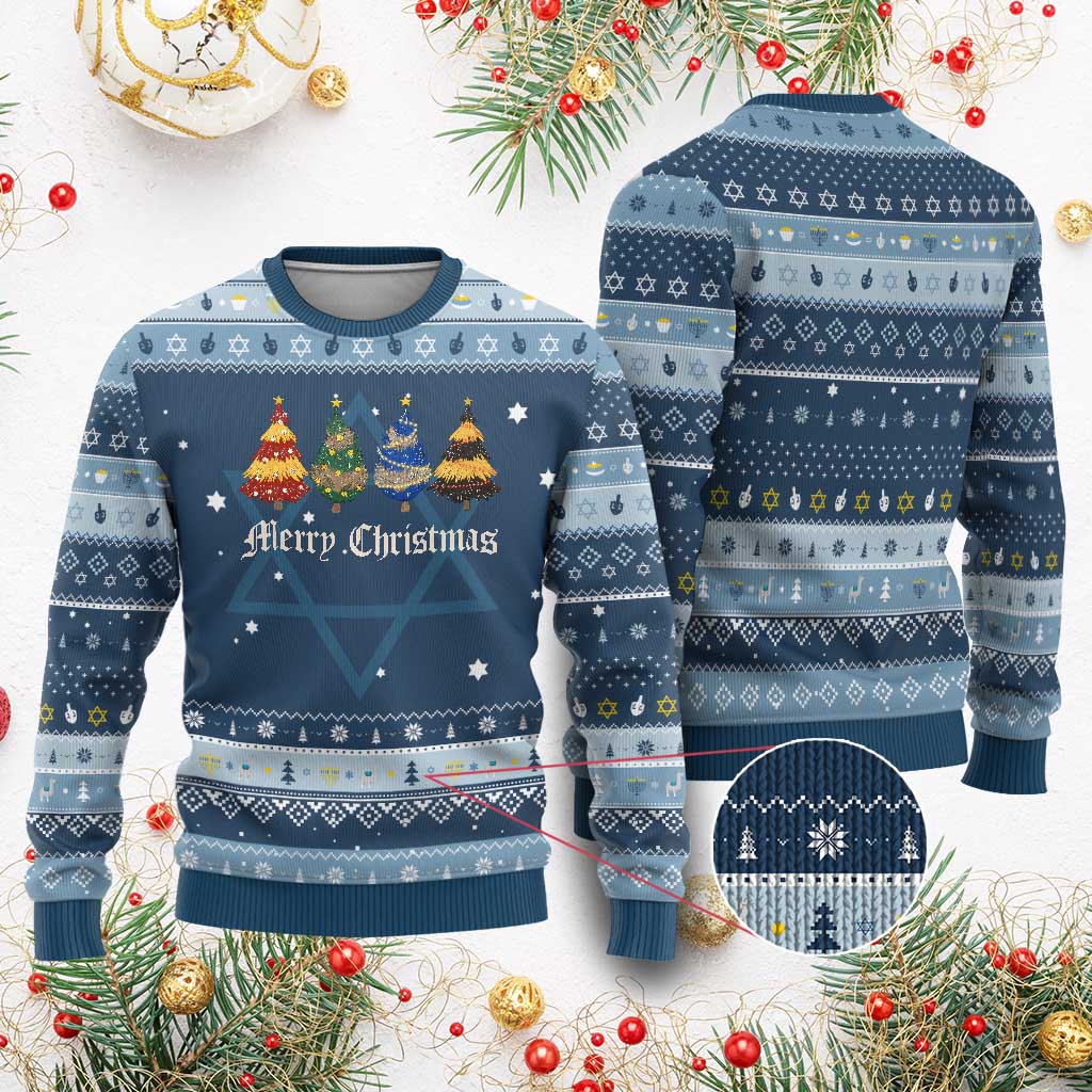 Christmas Tree Hanukkah Ugly Sweater Retro Wizard Trees Magical Cute Family Pajama TS10 Navy Light Blue Print Your Wear