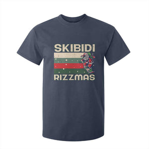 Funny Christmas T Shirt For Kid Skibidi Rizzmas Rizz Santa Clause Skating Board Xmas Retro Stripe TS10 Navy Print Your Wear