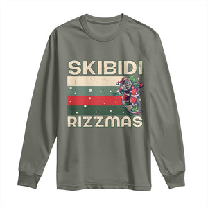 Funny Christmas Long Sleeve Shirt Skibidi Rizzmas Rizz Santa Clause Skating Board Xmas Retro Stripe TS10 Military Green Print Your Wear