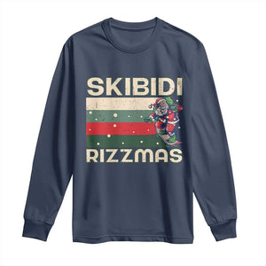 Funny Christmas Long Sleeve Shirt Skibidi Rizzmas Rizz Santa Clause Skating Board Xmas Retro Stripe TS10 Navy Print Your Wear