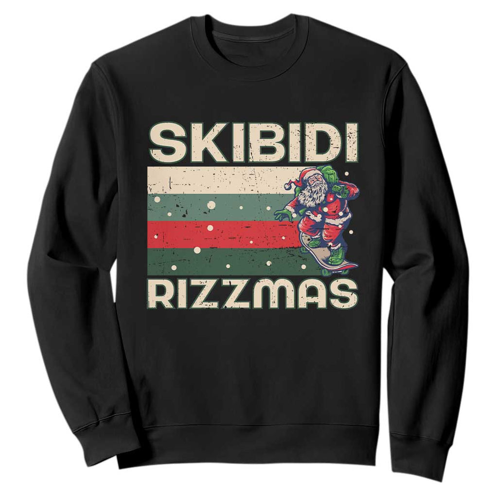 Funny Christmas Sweatshirt Skibidi Rizzmas Rizz Santa Clause Skating Board Xmas Retro Stripe TS10 Black Print Your Wear