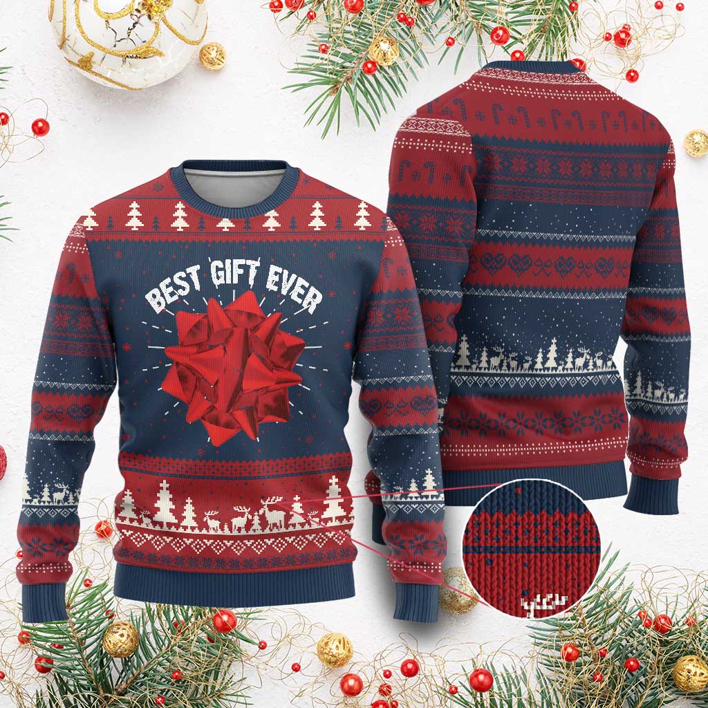 Xmas Present Costume Ugly Christmas Sweater Best Gift Ever Red Bow TS10 Burgundy Print Your Wear