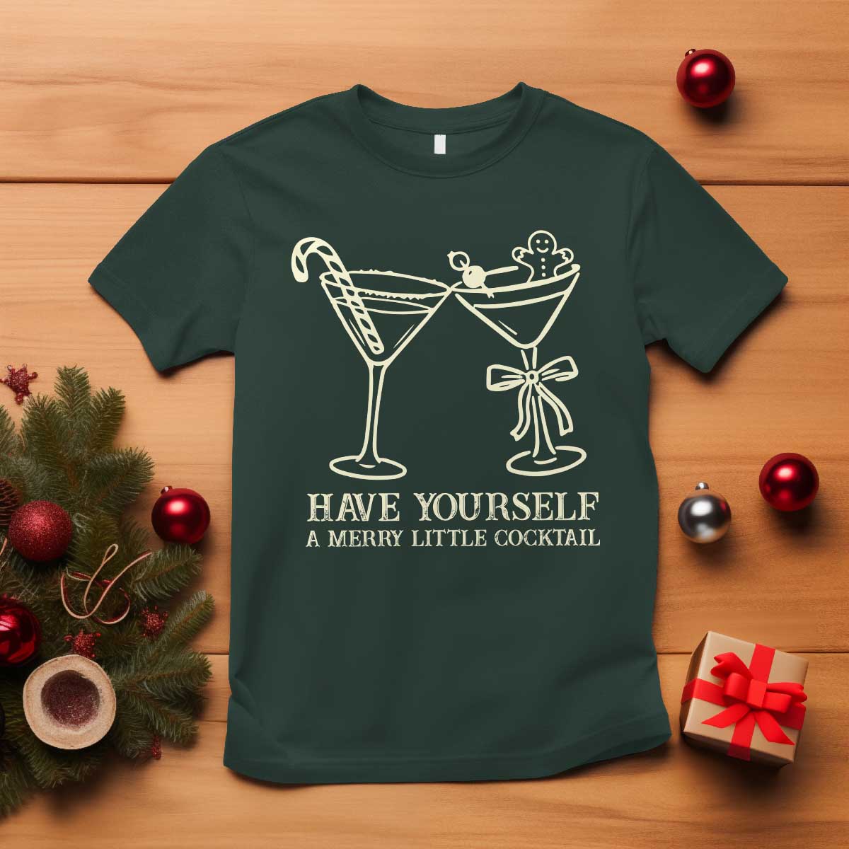 Christmas Cocktail T Shirt Merry Little Cocktail Espresso Martini TS10 Dark Forest Green Print Your Wear