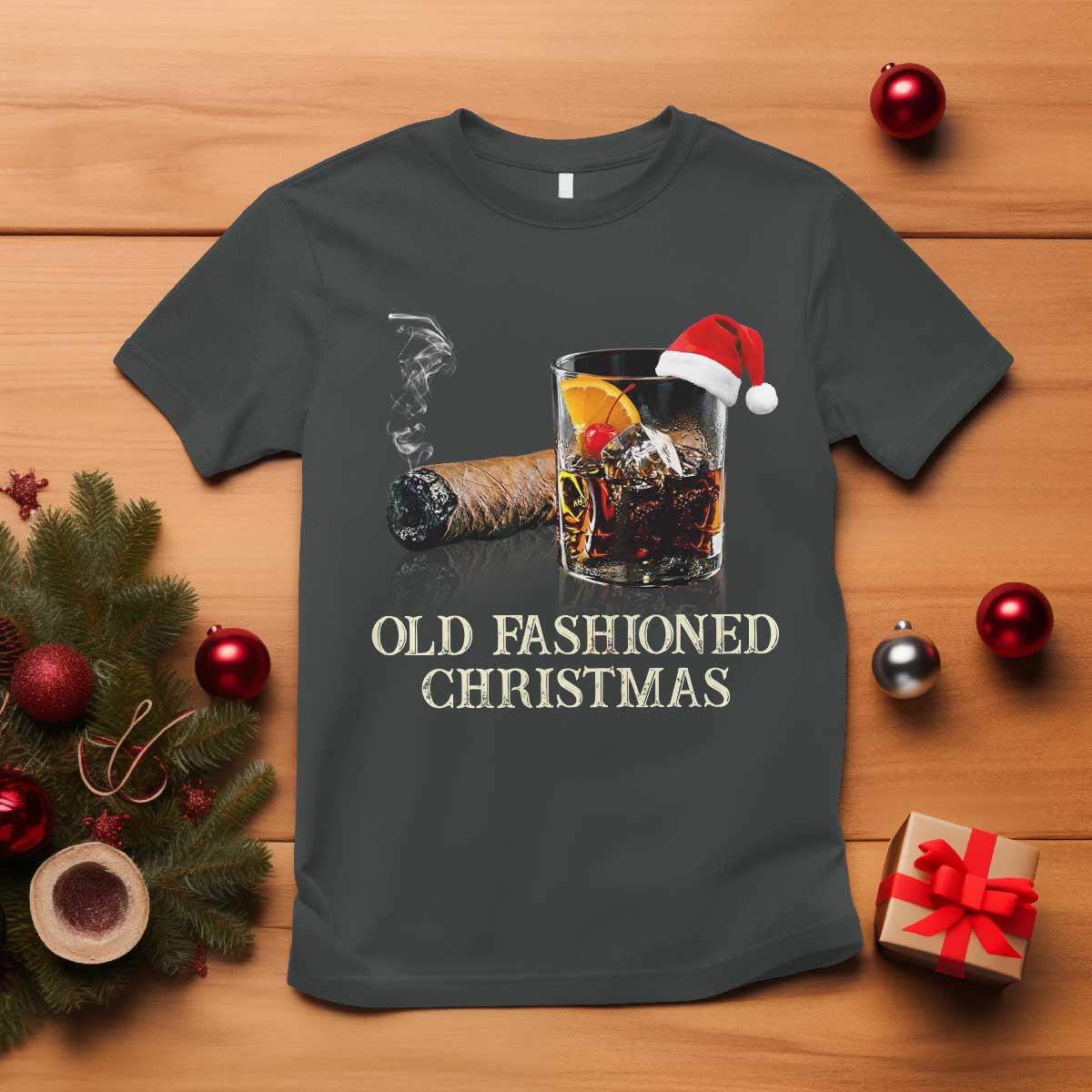 Old Fashioned Cocktail Christmas T Shirt Funny Bourbon Cocktail Drink TS10 Dark Heather Print Your Wear