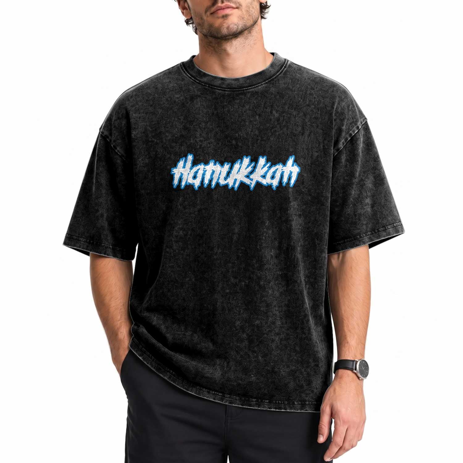 Hanukkah Heavy Metal Washed Cotton T-Shirt Jewish Menorah Dreidel