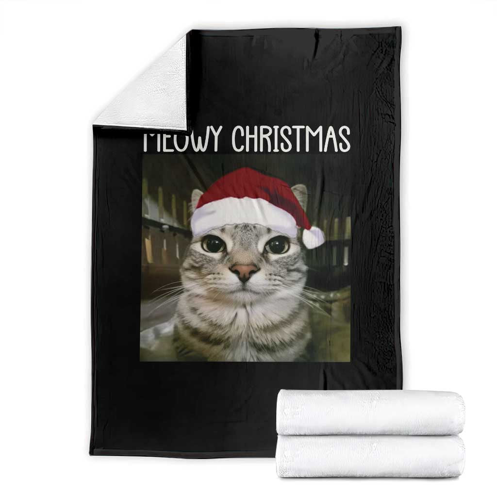 Meowy Christmas Throw Blanket Xmas Silly Staring Cat Meme Santa Hat TS10 Black Print Your Wear