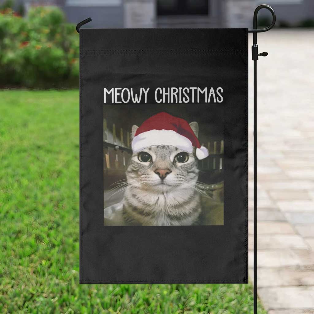 Meowy Christmas Garden Flag Xmas Silly Staring Cat Meme Santa Hat TS10 Print Your Wear