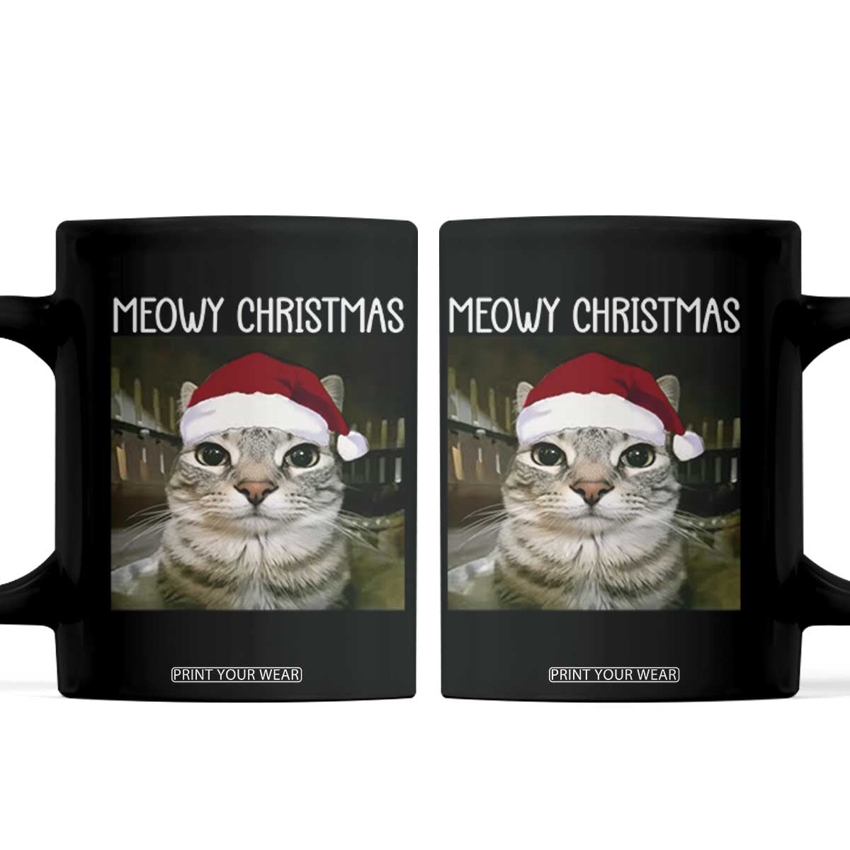 Meowy Christmas Coffee Mug Xmas Silly Staring Cat Meme Santa Hat TS10 Black Print Your Wear
