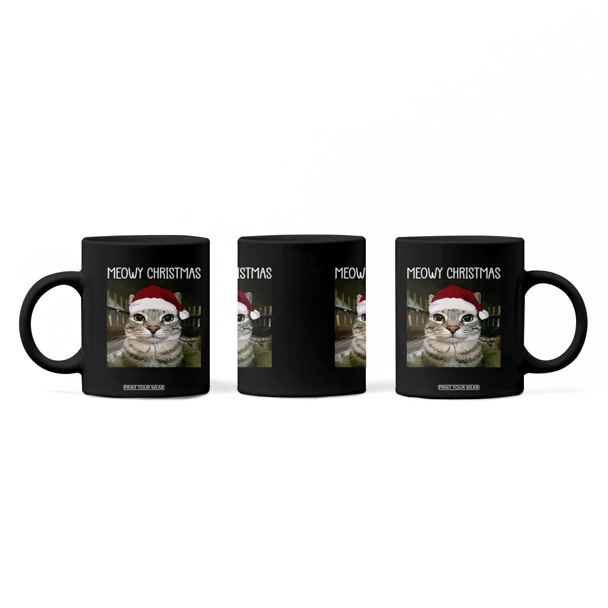 Meowy Christmas Coffee Mug Xmas Silly Staring Cat Meme Santa Hat TS10 Print Your Wear