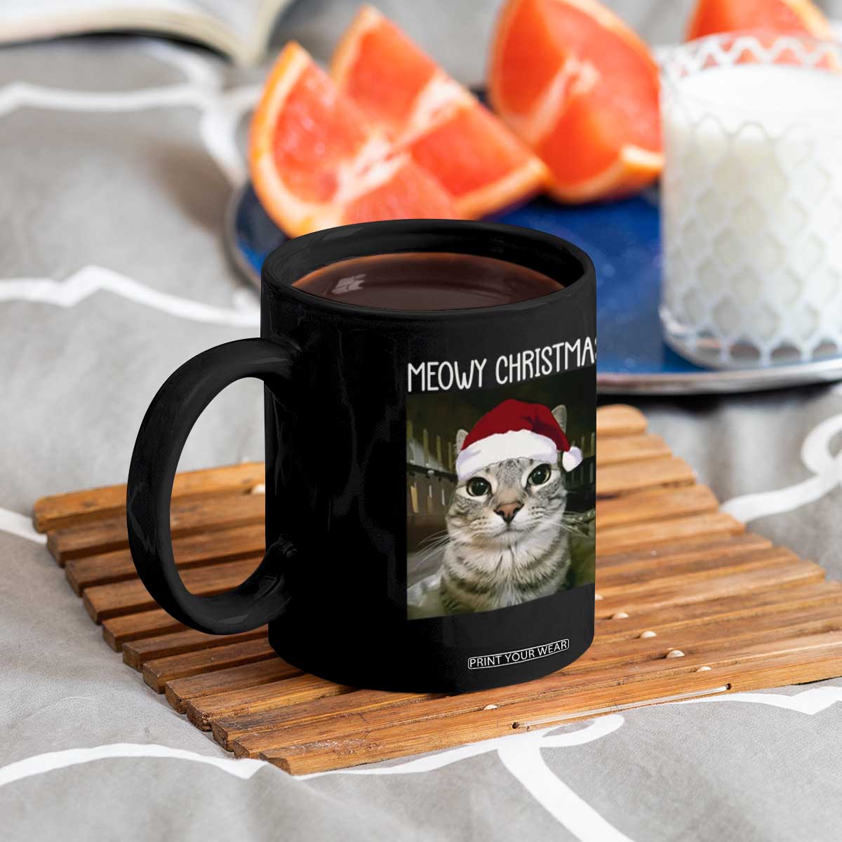 Meowy Christmas Coffee Mug Xmas Silly Staring Cat Meme Santa Hat TS10 Print Your Wear