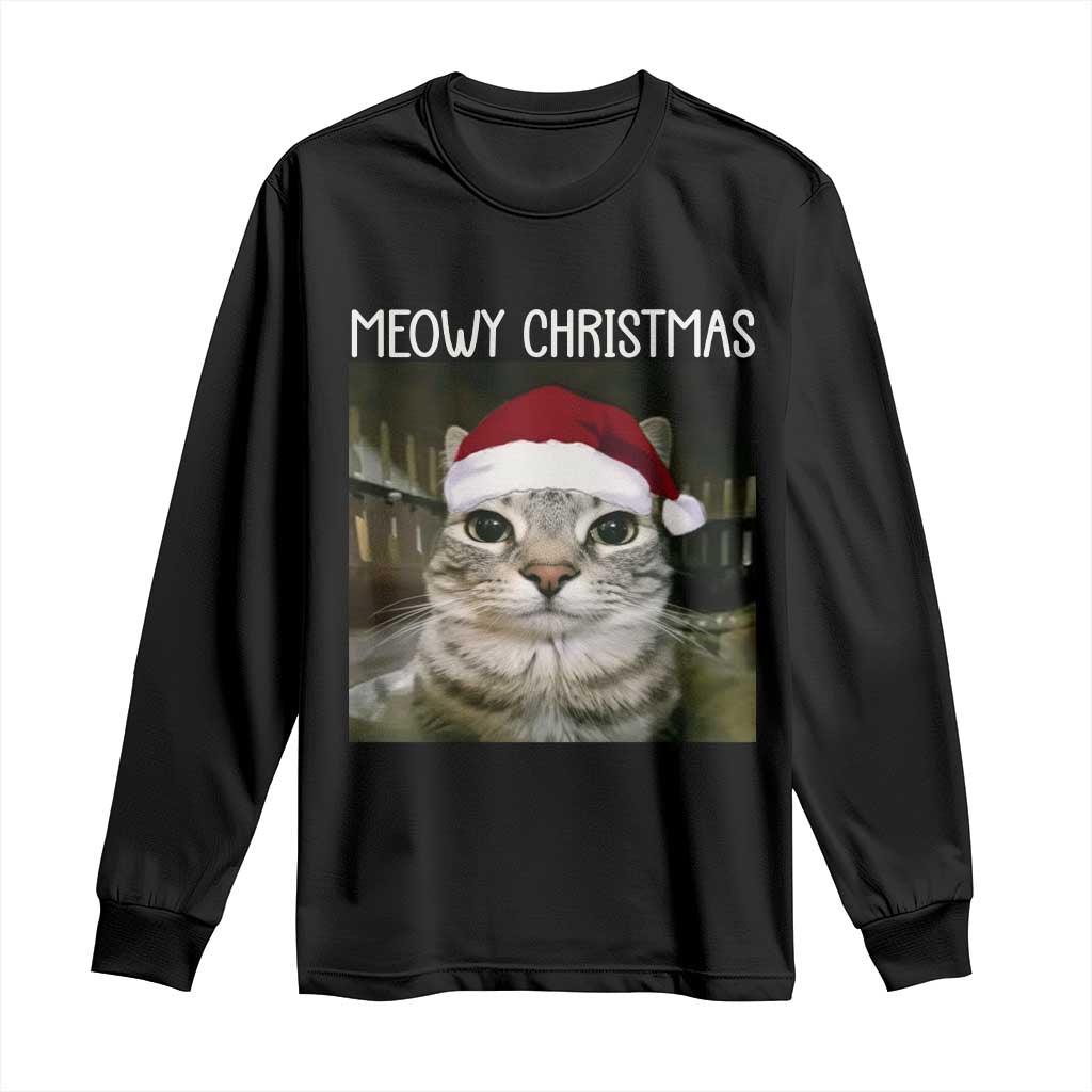 Meowy Christmas Long Sleeve Shirt Xmas Silly Staring Cat Meme Santa Hat TS10 Black Print Your Wear