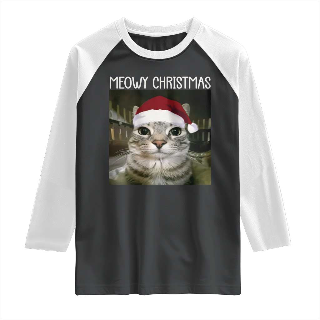 Meowy Christmas Raglan Shirt Xmas Silly Staring Cat Meme Santa Hat TS10 Black White Print Your Wear